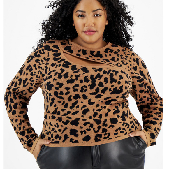 BAR III Plus Size Zebra Jacquard Diagonal Cutout Sweater Leopard Luxury 3X - Picture 1 of 4